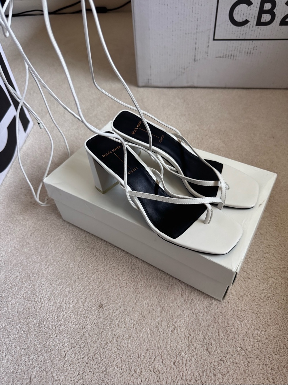 White Strappy Square-Toe Block Heel Sandals with Lace-Up Strap